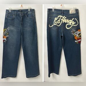 Women’s Size 30 Ed Hardy Brave Hearts Eagle Wide Leg Jeans Embroidery Tattoo Y2K